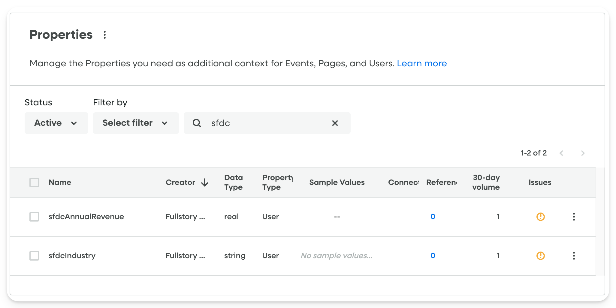 Salesforce Fullstory App - Fullstory Properties