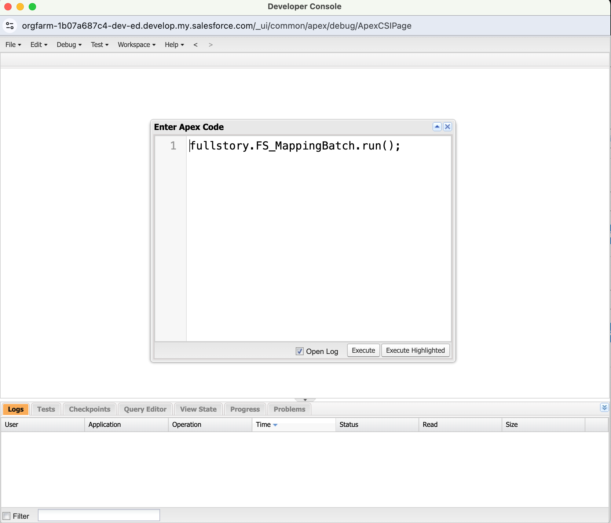 Salesforce Fullstory App - Developer Console Execute