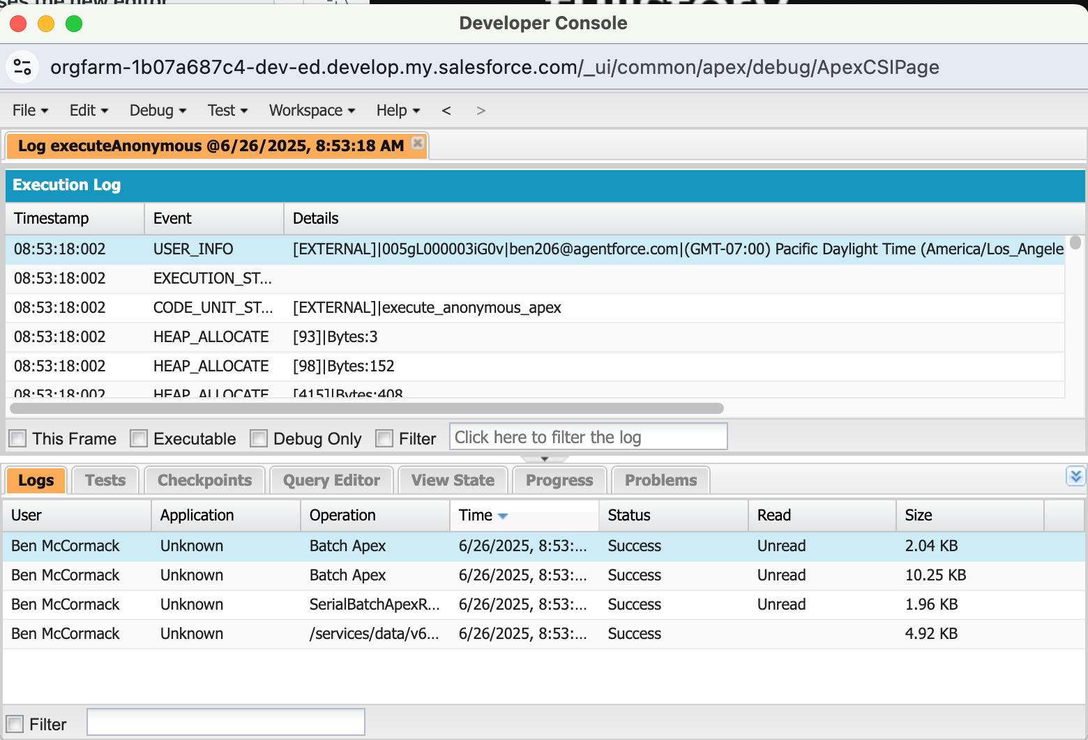 Salesforce Fullstory App - Developer Console Logs