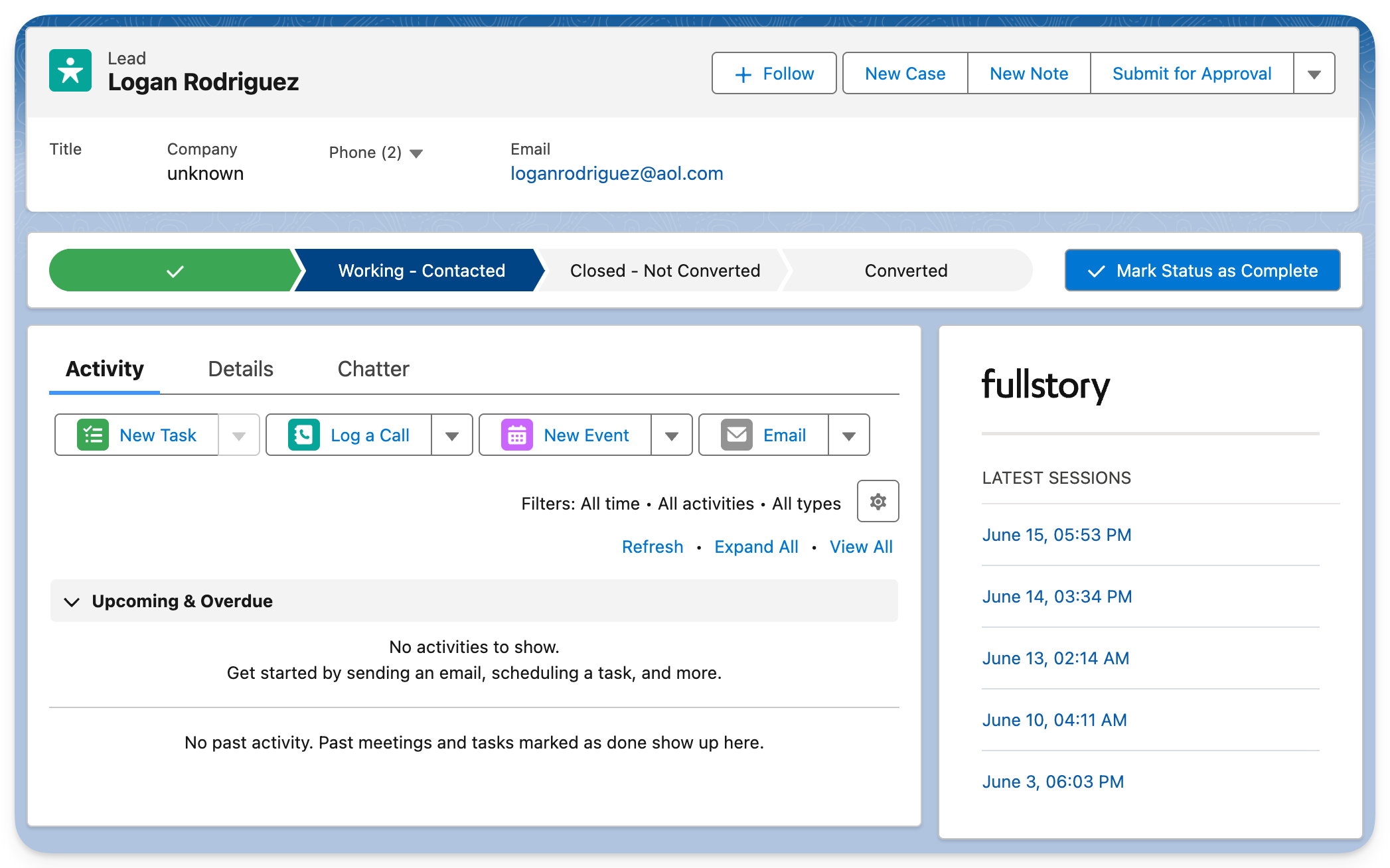 Salesforce Fullstory App - Lead Page