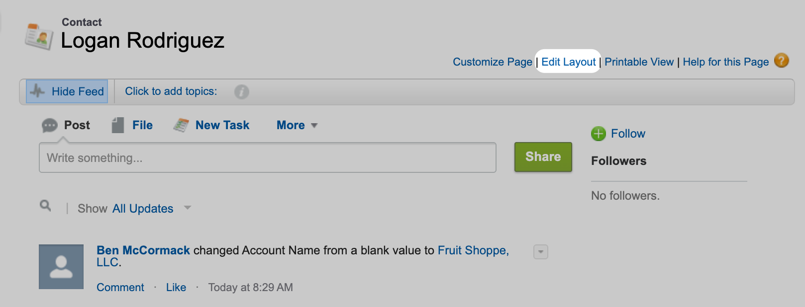 Salesforce Fullstory App - Contact Page Classic