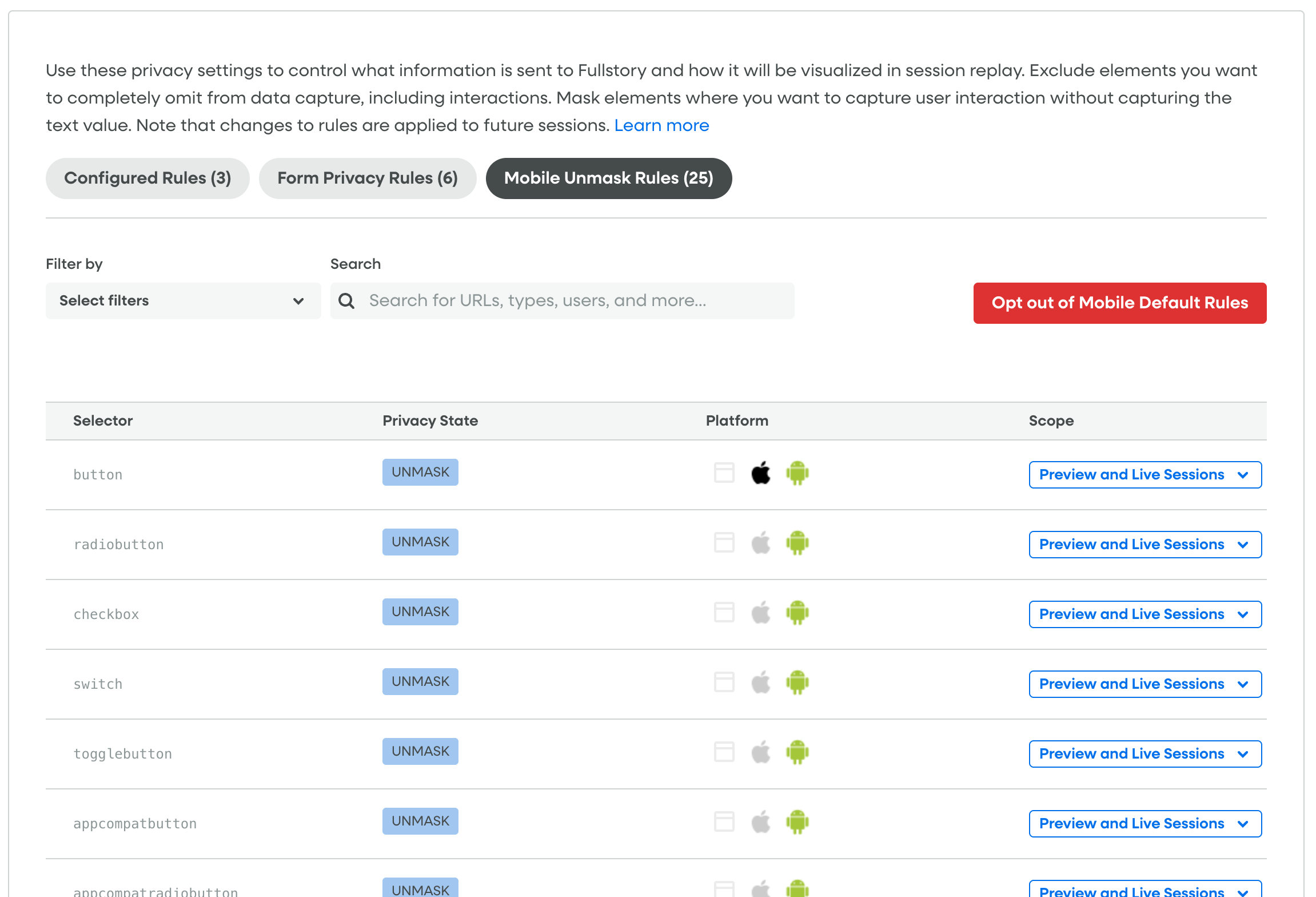 Mobile Default Privacy Rules