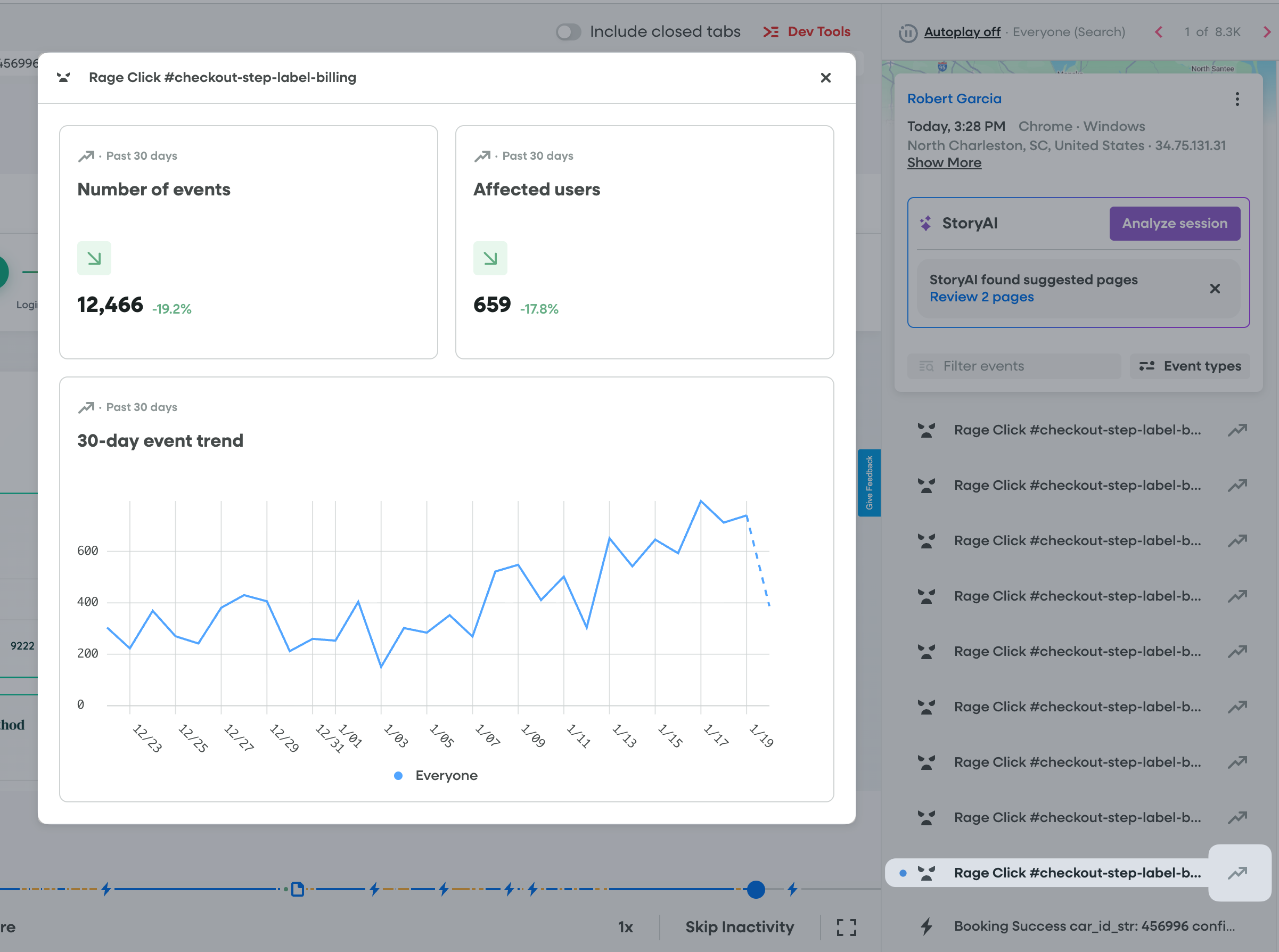 Click the error event to see analytics of how many users are affected.