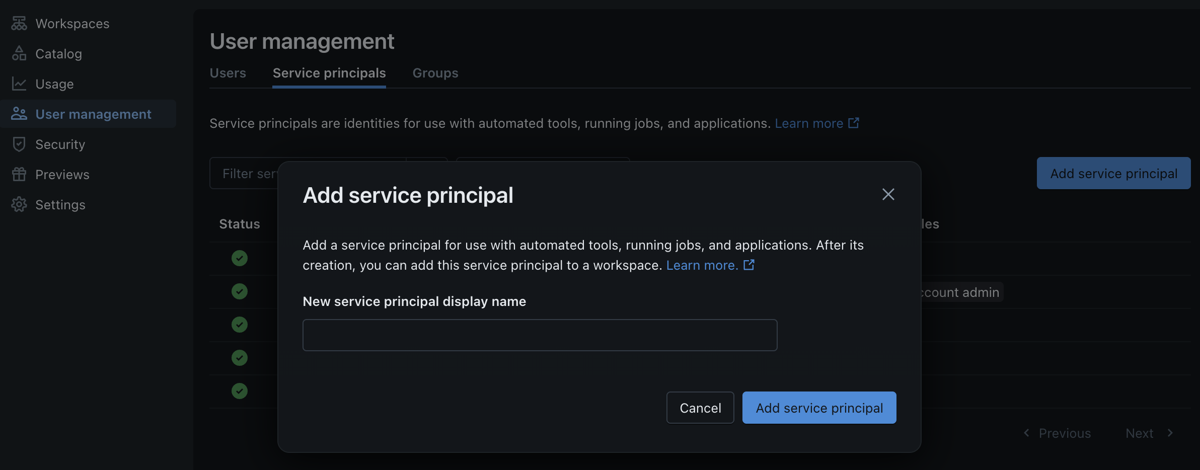 Databricks warehouse destination configuration in Fullstory