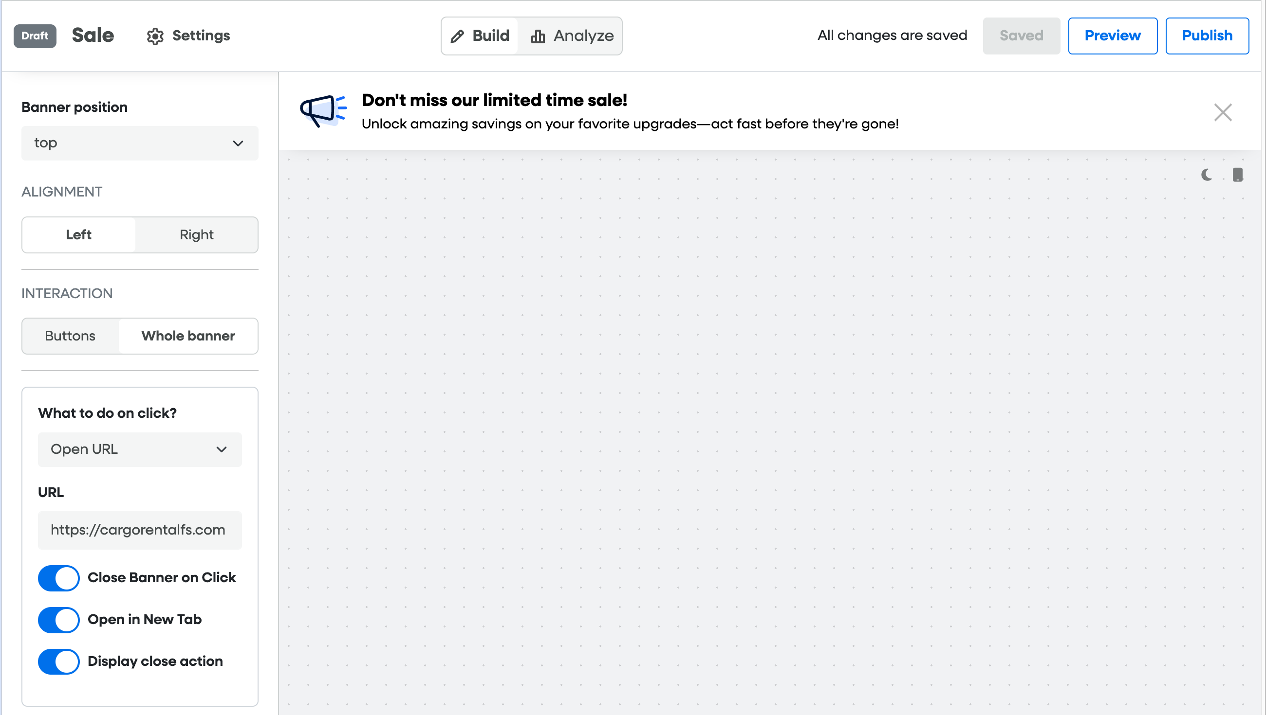 [Screenshot: Builder view showing configured banner with content, position, and interaction settings]