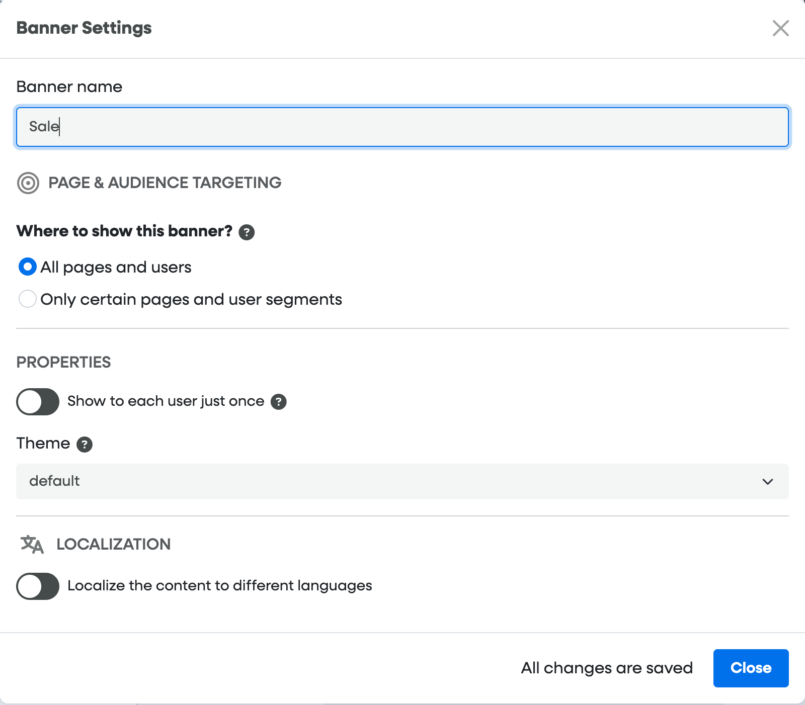 [Screenshot: Settings panel showing Where to show and Theme configuration]