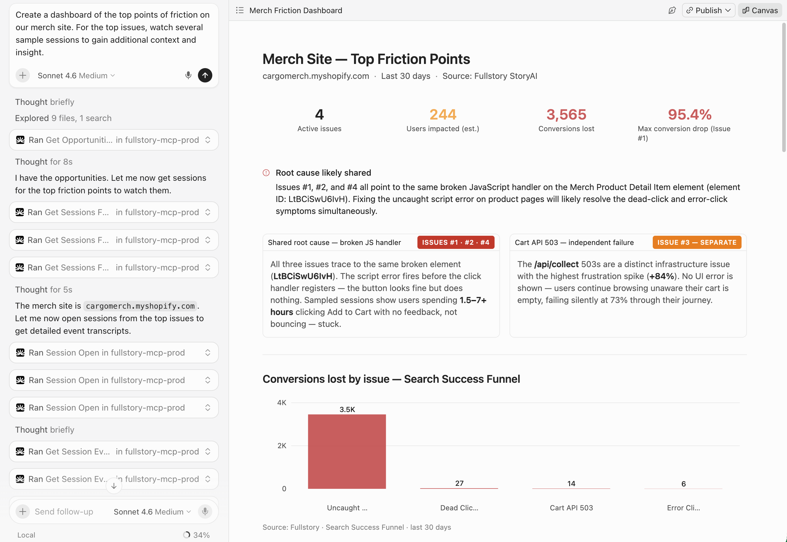 Screenshot of Cursor with analytics canvas in response to user question using Fullstory MCP