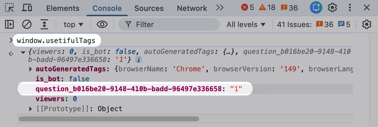 Developer console with window.usetifulTags