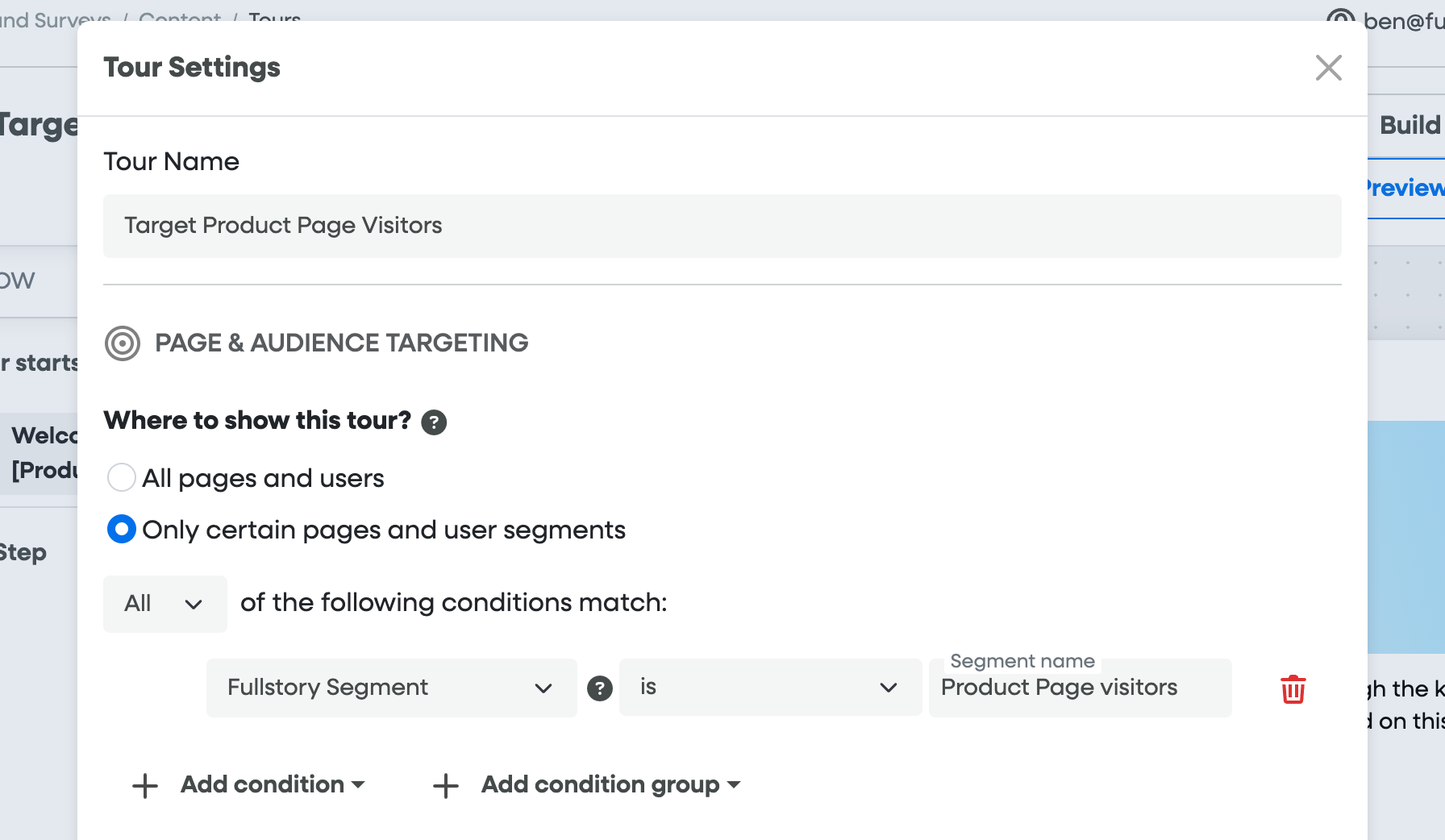 Targeting a Fullstory segment in Guides and Surveys
