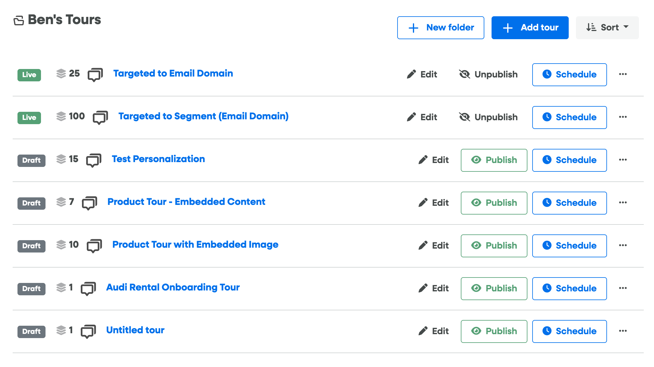 Tours dashboard list showing the numeric priority badge on each row and the Sort menu with Highest priority and Lowest priority options