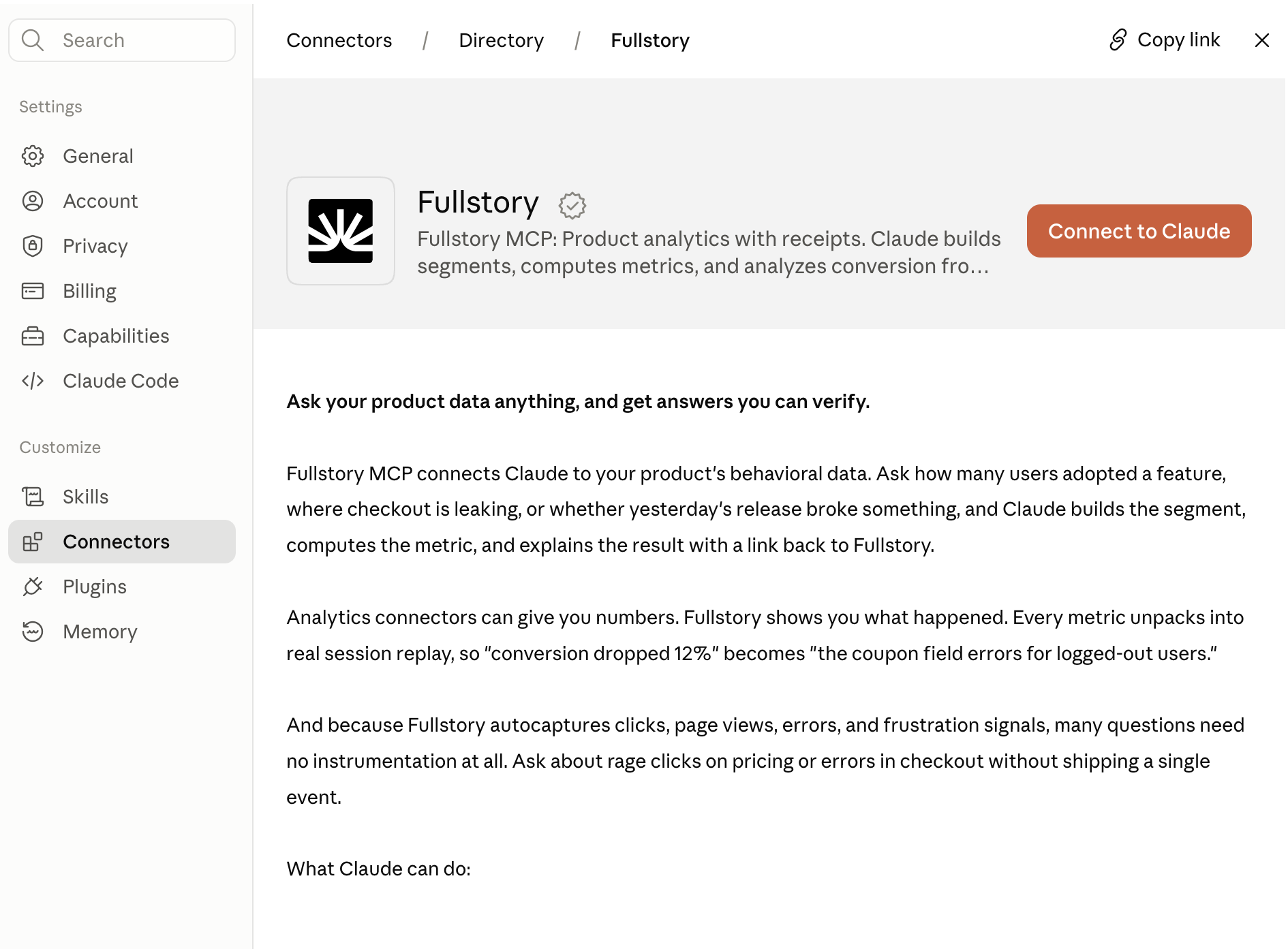 Fullstory MCP listed in the Claude connector directory