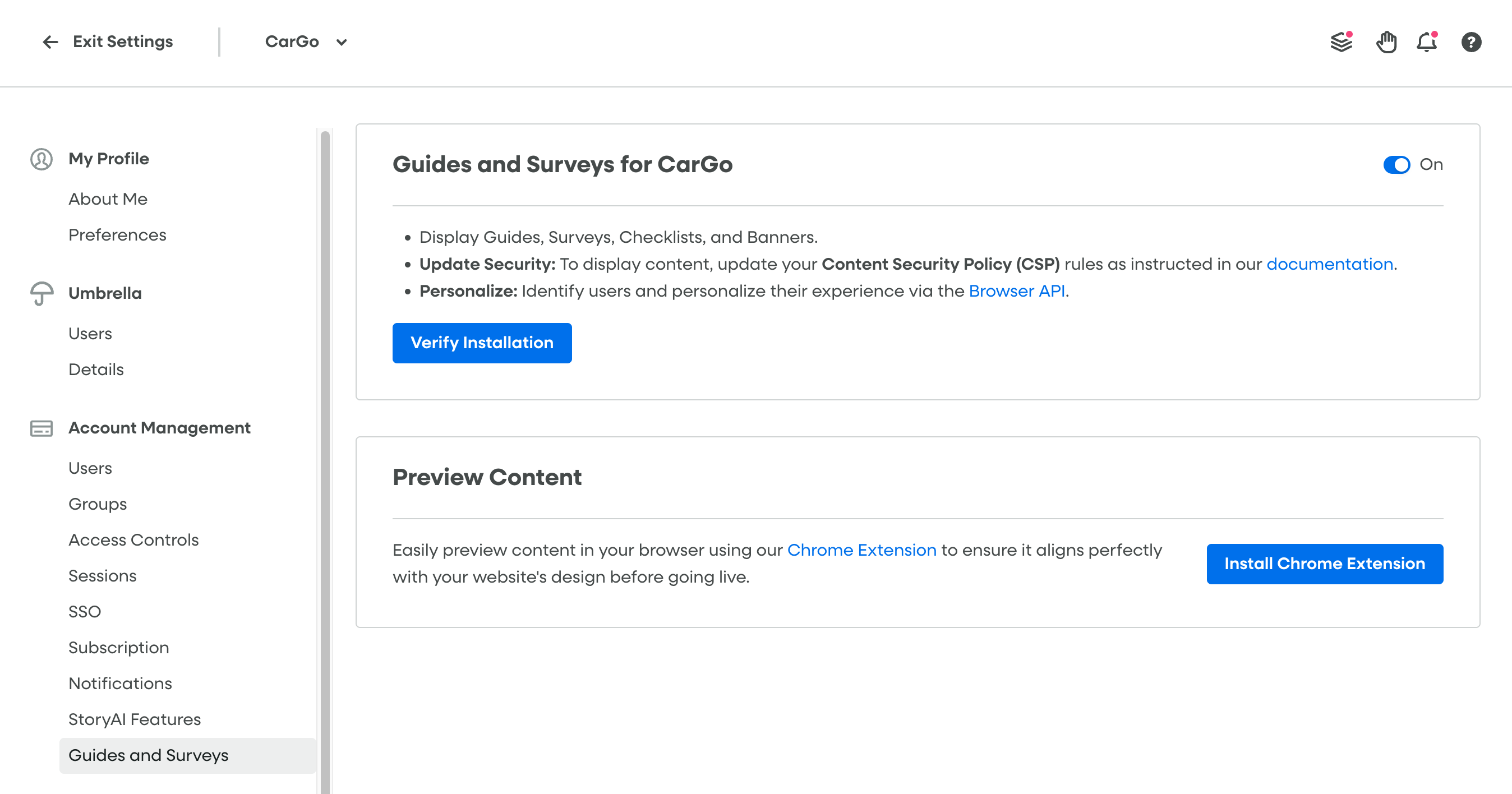 Guides and Surveys settings page showing the On/Off toggle and Verify Installation button