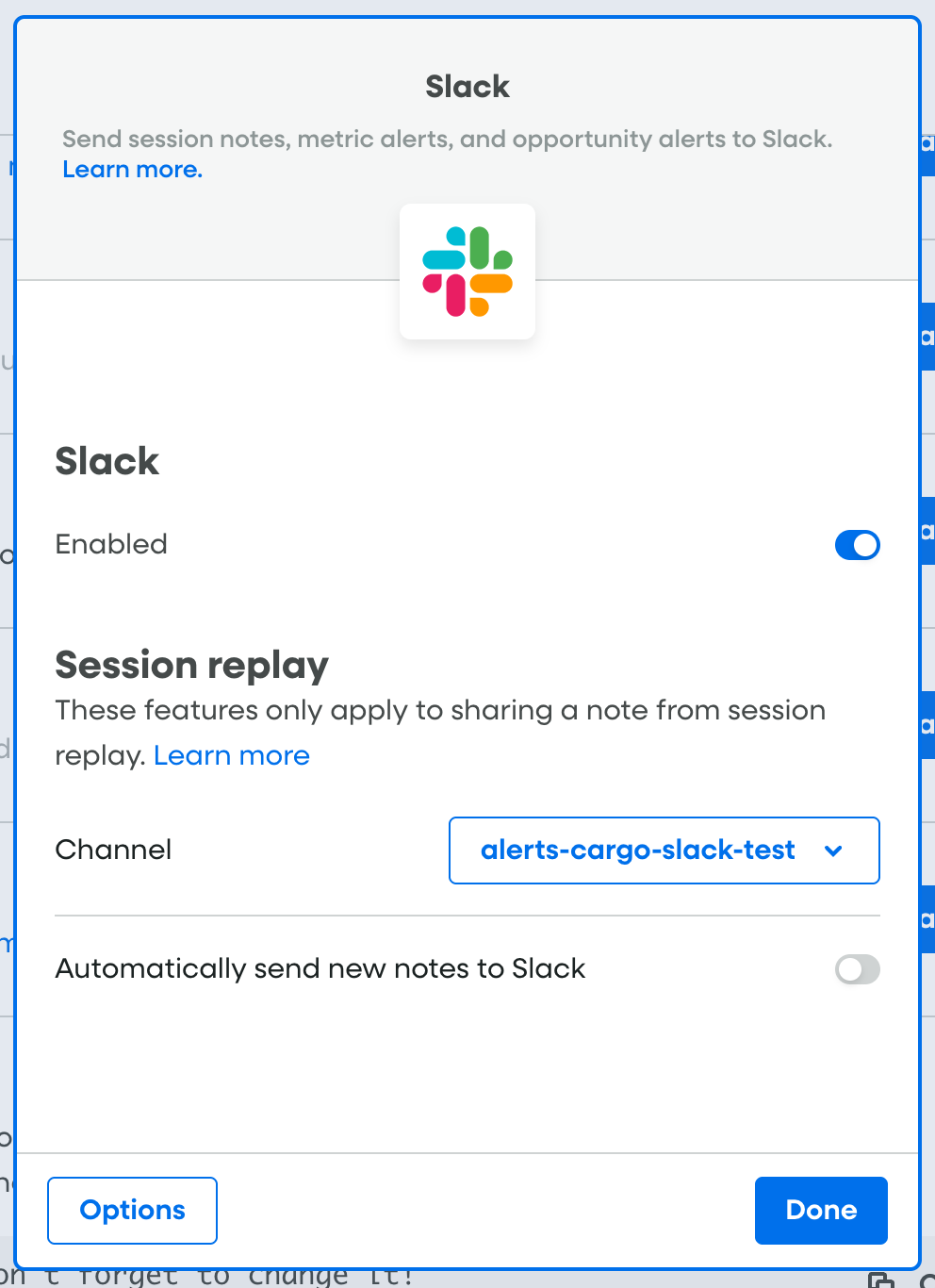Slack integration enabled and connected