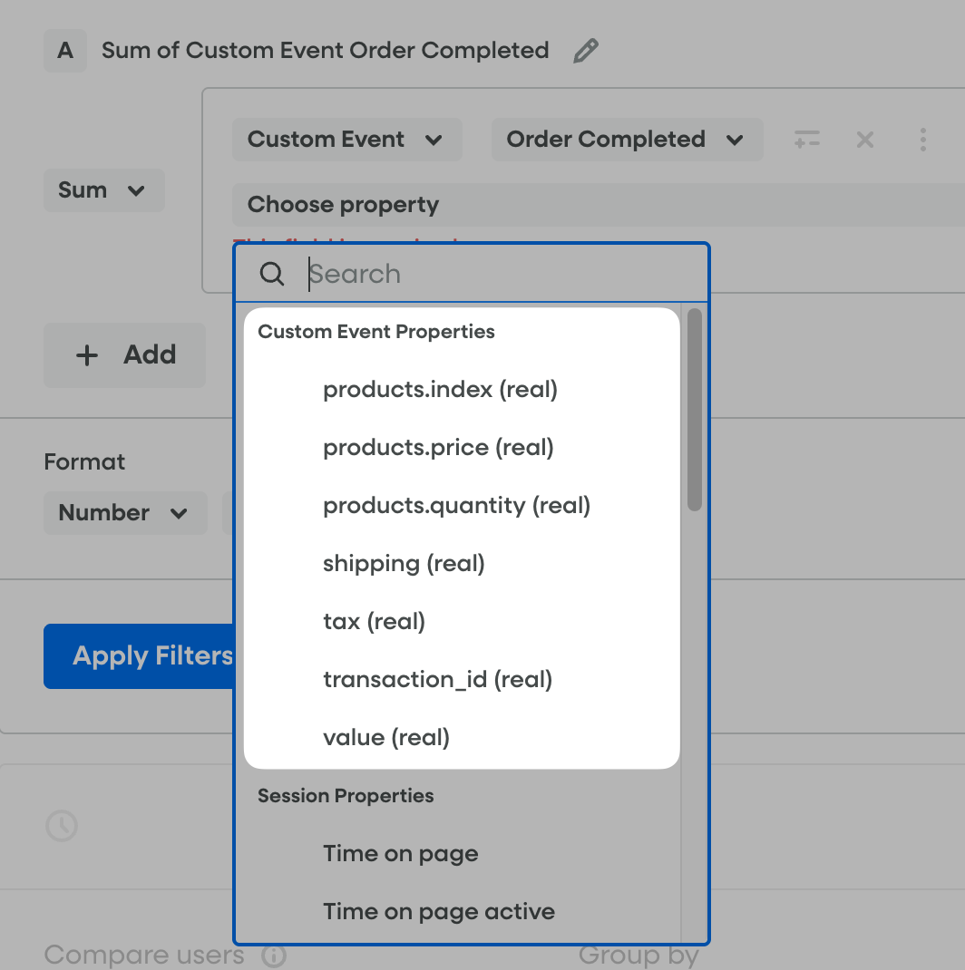 "Sum of" Custom Event > Order Completed > Custom Event Properties