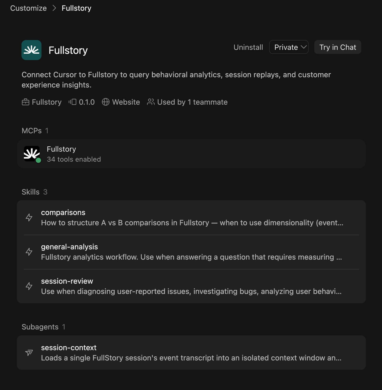 Fullstory plugin in the Cursor plugin marketplace