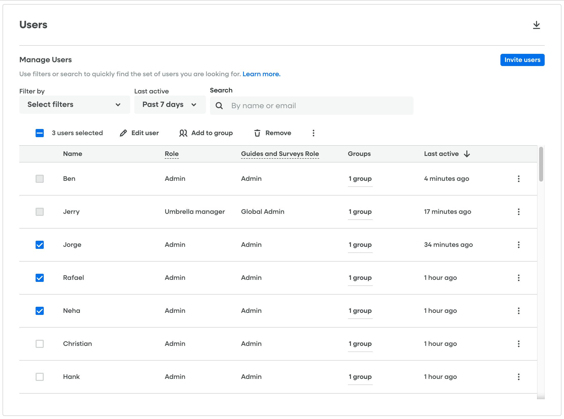 Users table with the row menu open and Edit user highlighted